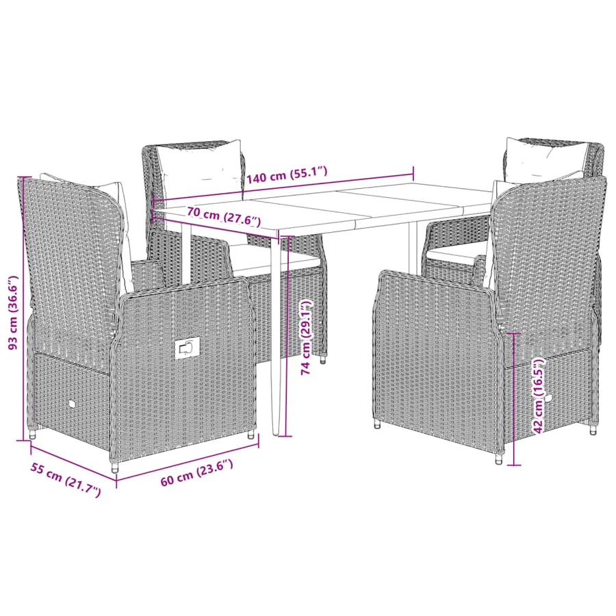 Ensemble à manger de jardin 5 pcs et coussins marron poly rotin - 8