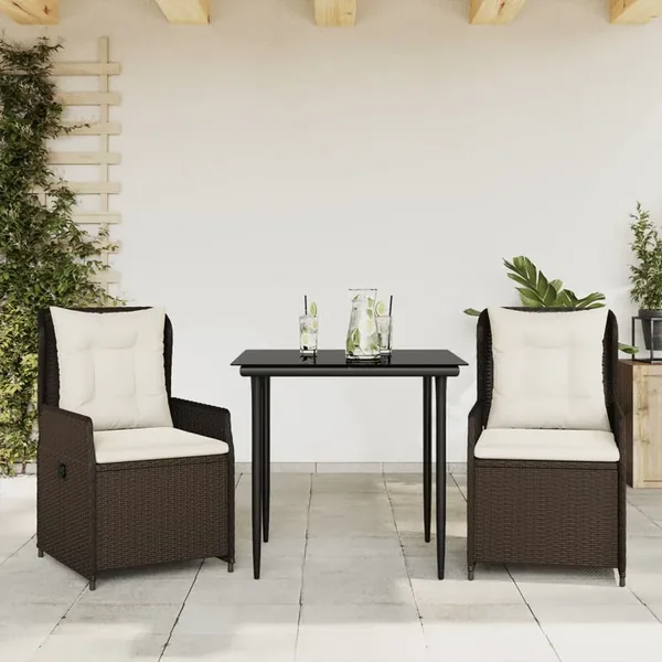Ensemble à manger de jardin 3 pcs et coussins marron poly rotin