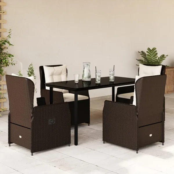 Ensemble à manger de jardin 5 pcs et coussins marron poly rotin