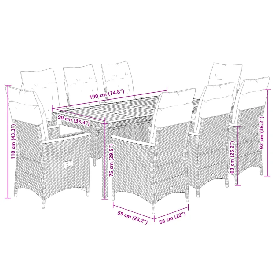 Ensemble à manger de jardin 9pcs coussins noir résine tressée - 9