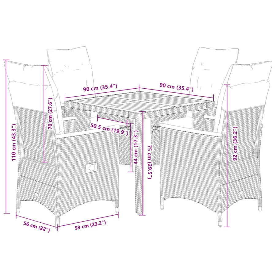 Ensemble à manger de jardin coussins 5pcs Noir Résine tressée - 7