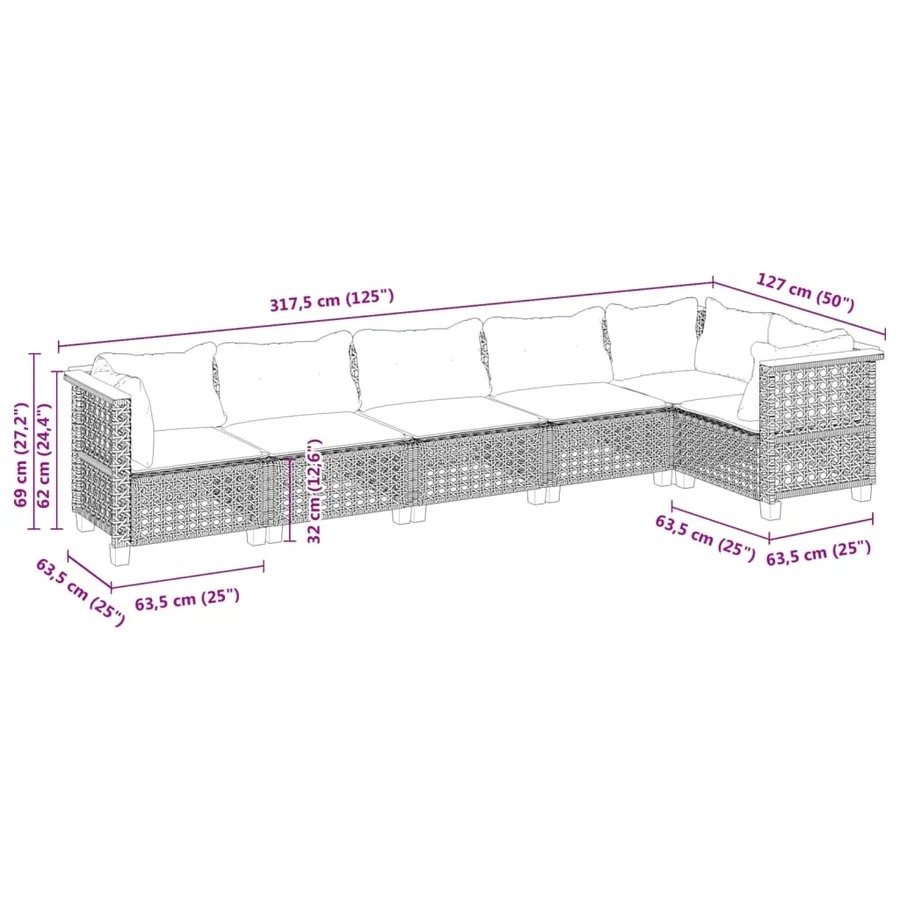 Salon de jardin 6 pcs avec coussins noir résine tressée - 6
