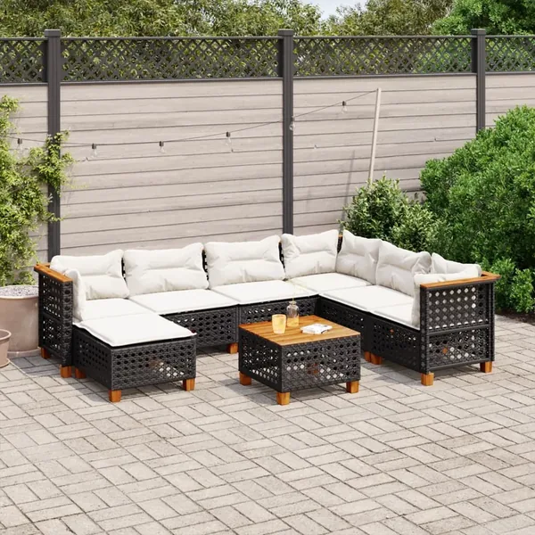 Salon de jardin 8 pcs avec coussins noir résine tressée