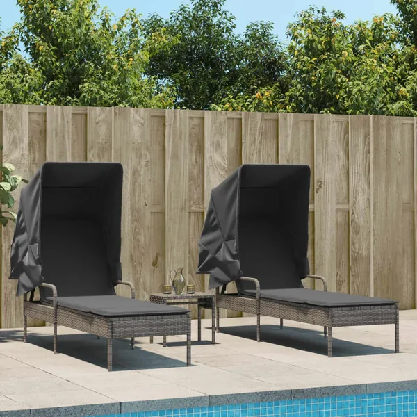 Chaises longues lot de 2 avec auvents et table gris poly rotin