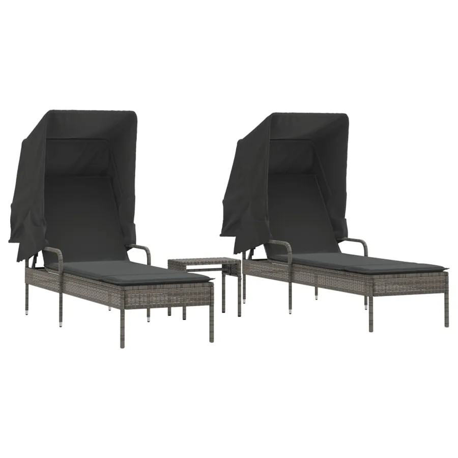 Chaises longues lot de 2 avec auvents et table gris poly rotin - 2