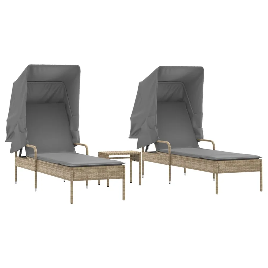 Chaises longues lot de 2 avec auvents et table gris poly rotin - 24