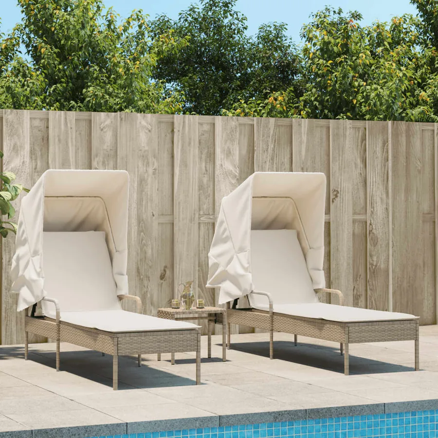 Chaises longues lot de 2 avec auvents et table gris poly rotin - 34
