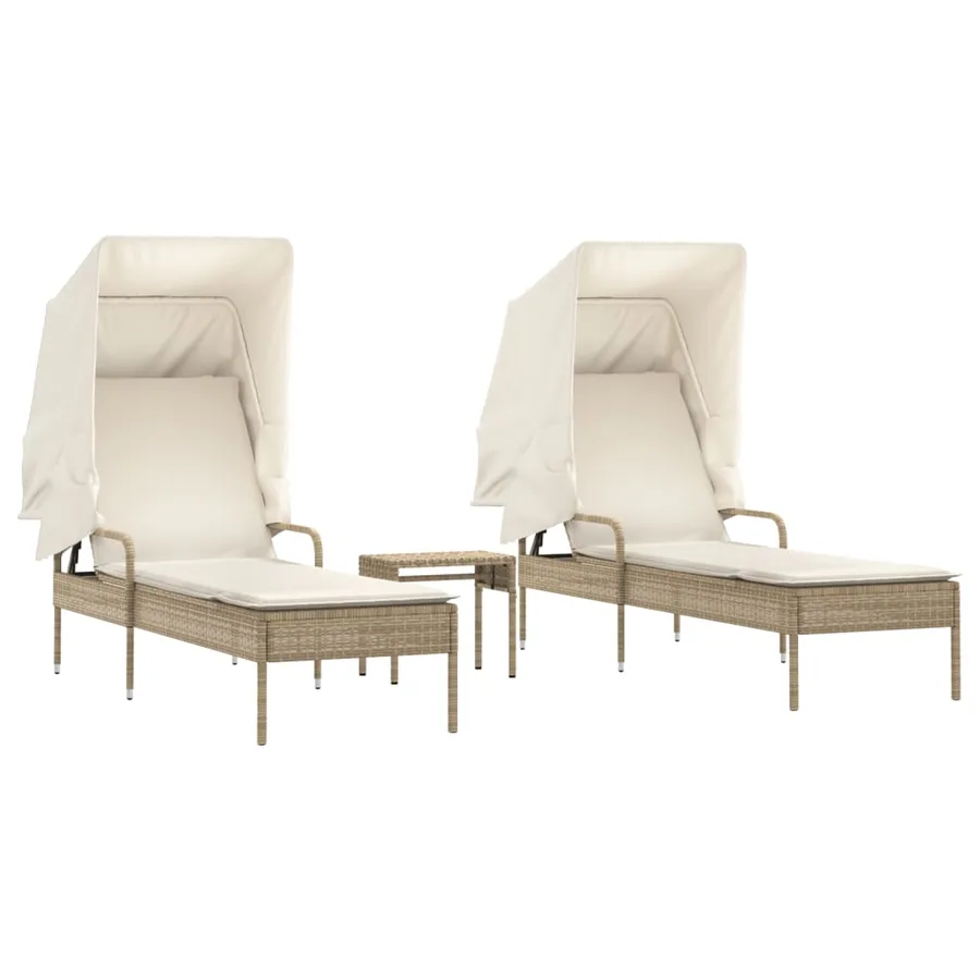 Chaises longues lot de 2 avec auvents et table gris poly rotin - 35