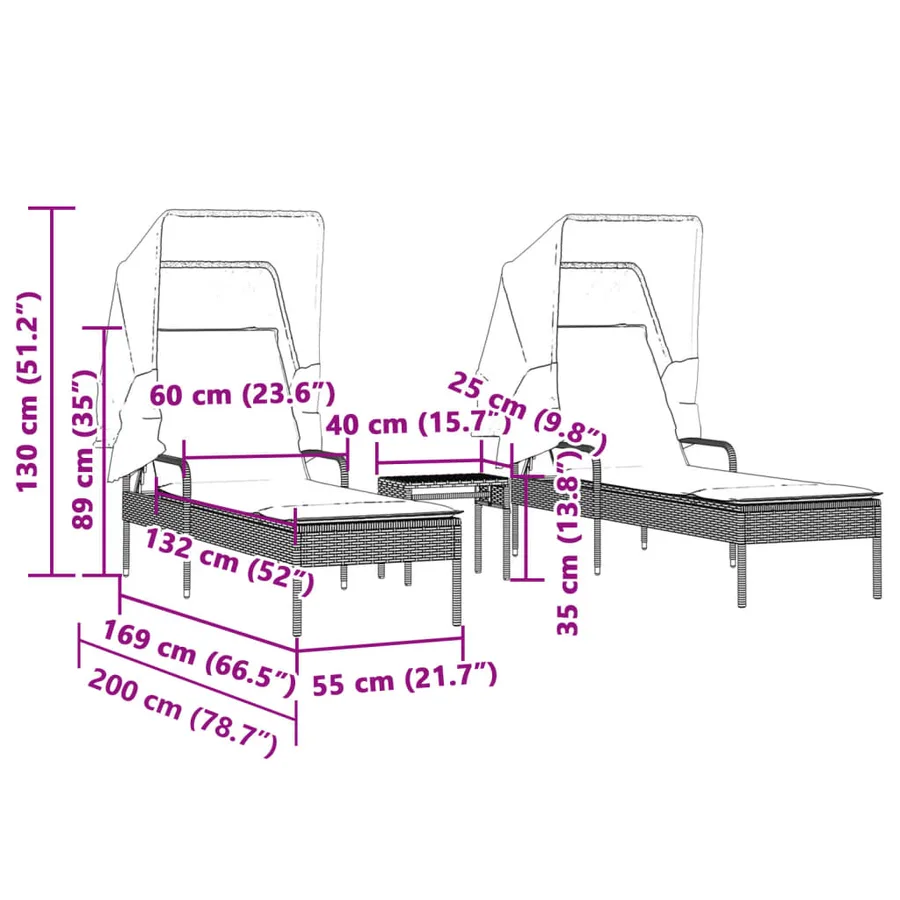 Chaises longues lot de 2 avec auvents et table gris poly rotin - 43