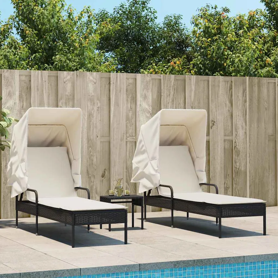 Chaises longues lot de 2 avec auvents et table gris poly rotin - 45