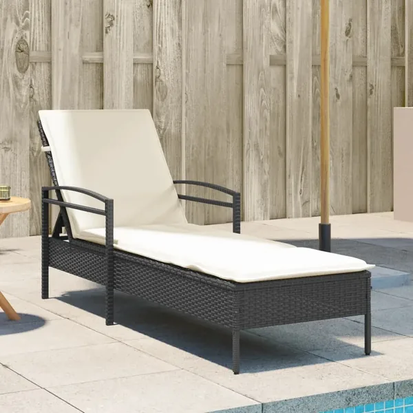 Chaise longue avec coussin noir 63x200x81 cm résine tressée