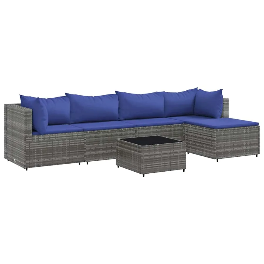 Salon de jardin 6 pcs avec coussins Gris Résine tressée - 2