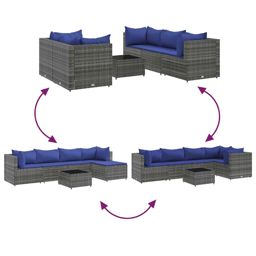 Salon de jardin 6 pcs avec coussins Gris Résine tressée - 7