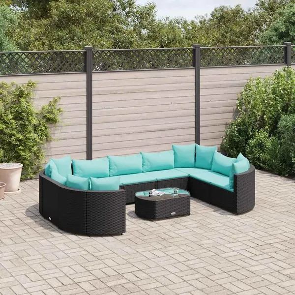Salon de jardin 10 pcs avec coussins noir résine tressée