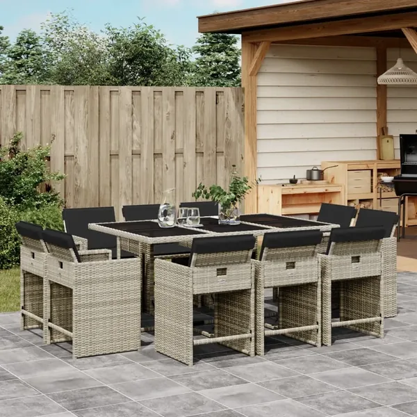 Ensemble à manger de jardin 11pcs avec coussins gris poly rotin