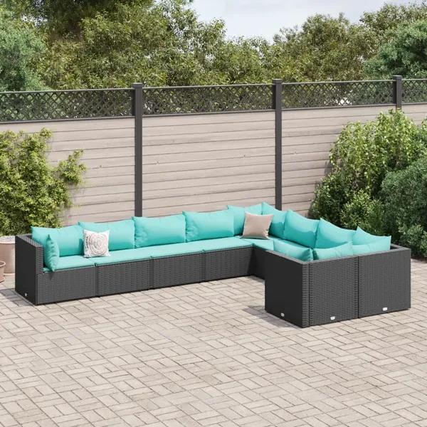 Salon de jardin 9 pcs avec coussins noir résine tressée