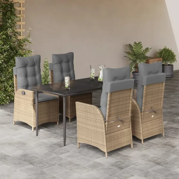 Ensemble à manger de jardin avec coussins 5pcs Beige poly rotin
