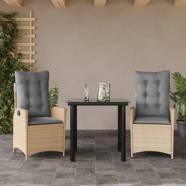 Ensemble à manger de jardin et coussins 3 pcs Beige poly rotin
