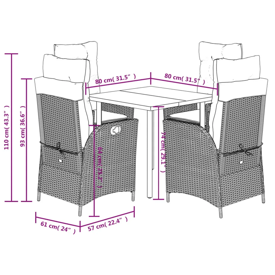 Ensemble à manger de jardin 5 pcs et coussins marron poly rotin - 9