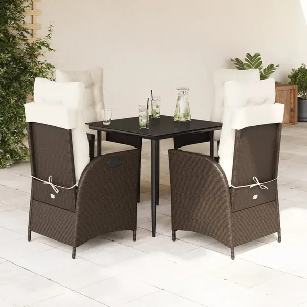 Ensemble à manger de jardin 5 pcs et coussins marron poly rotin