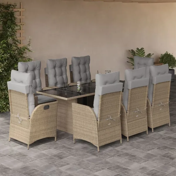 Ensemble à manger de jardin et coussins 9 pcs mélange beige