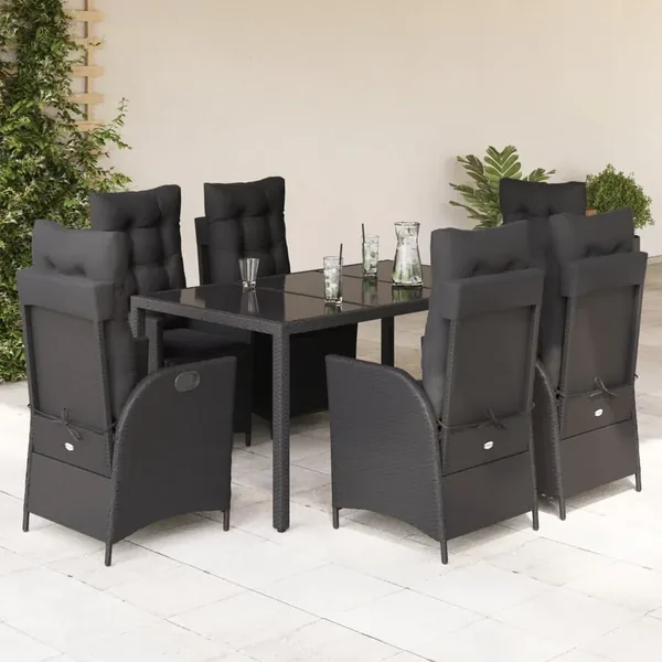 Ensemble à manger de jardin coussins 7pcs Noir Résine tressée