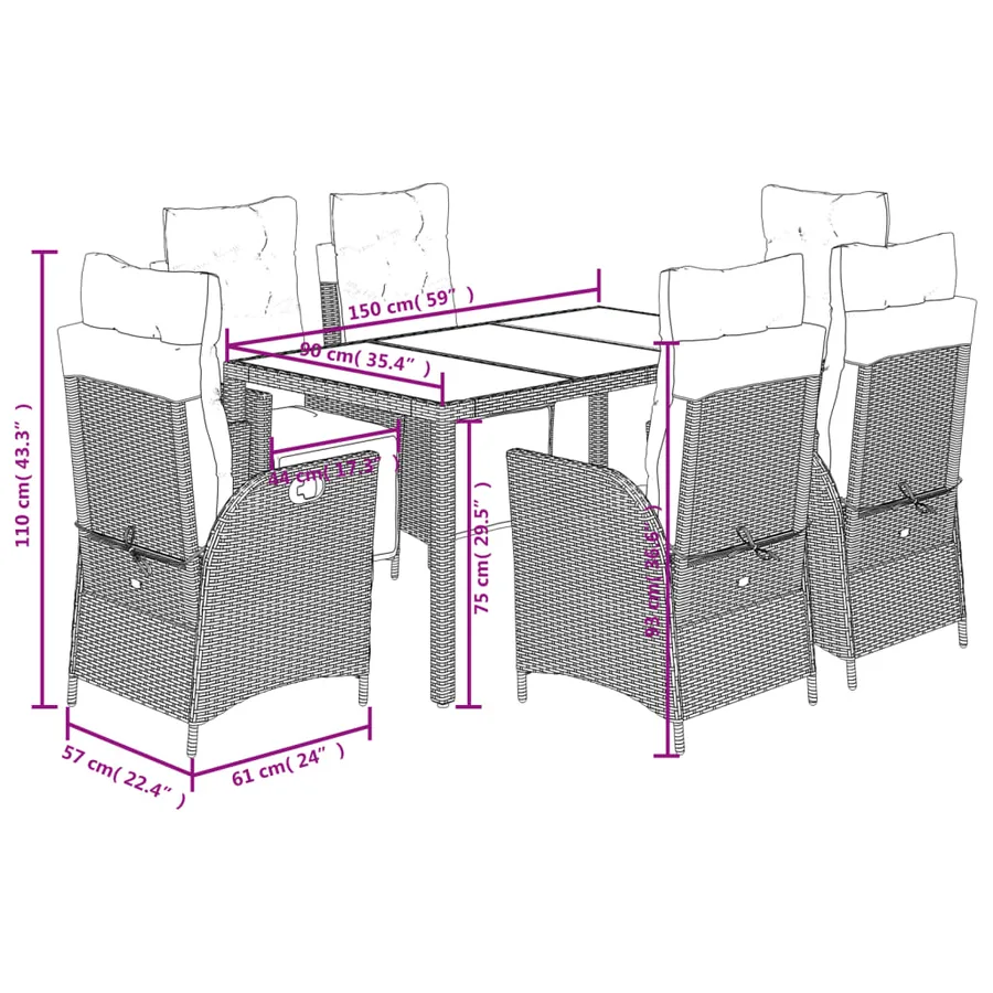 Ensemble à manger de jardin coussins 7pcs Noir Résine tressée - 9