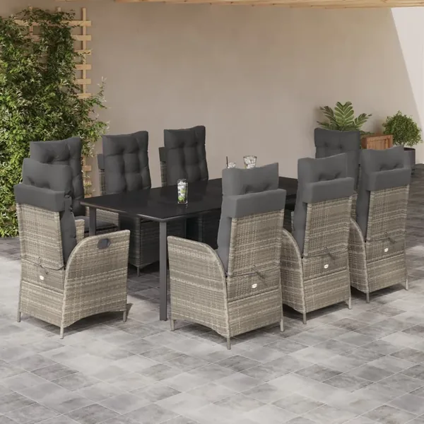 Ensemble à manger de jardin et coussins 9 pcs gris clair rotin