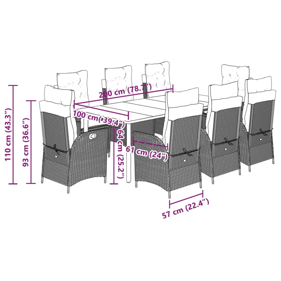 Ensemble à manger de jardin et coussins 9 pcs gris clair rotin - 12