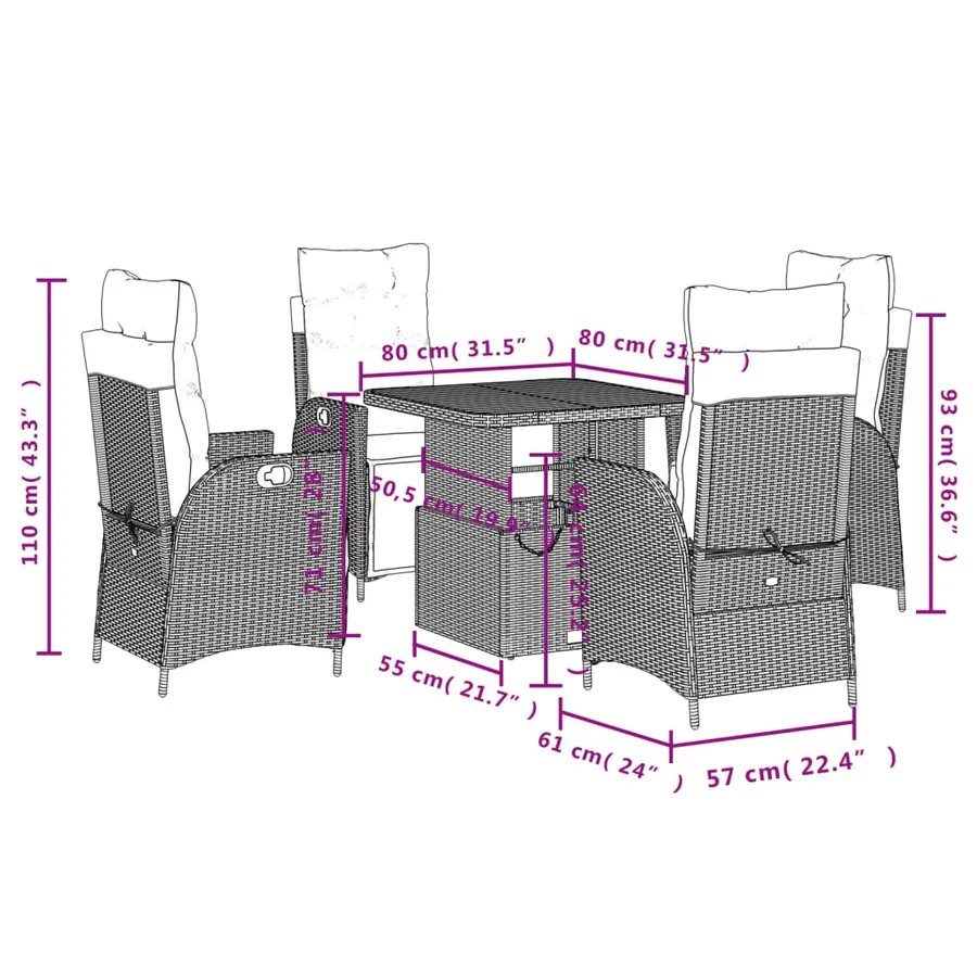 Ensemble à manger de jardin 5 pcs coussins gris résine tressée - 8