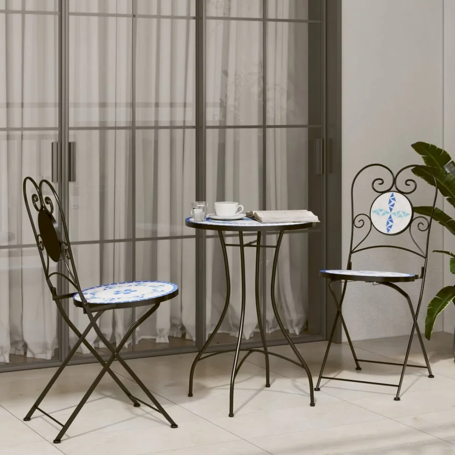 Table de bistro mosaïque bleu et blanc Ø50x70 cm céramique - 3