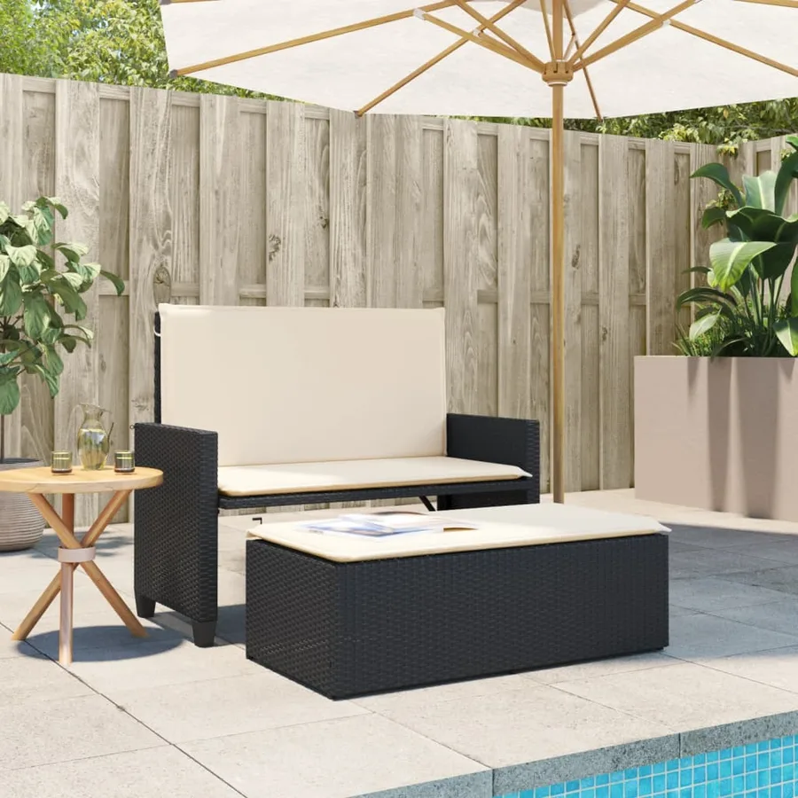 Banc de jardin avec coussins et repose-pied noir résine tressée - 3