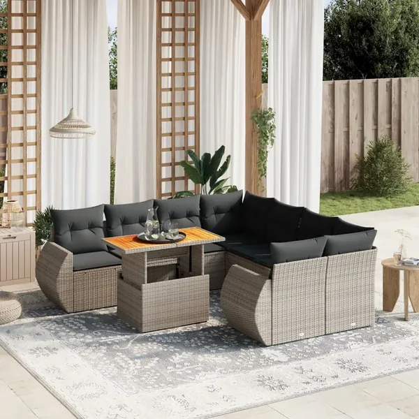 Salon de jardin 9 pcs avec coussins gris résine tressée