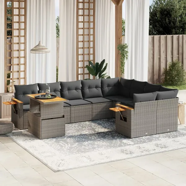 Salon de jardin avec coussins 10 pcs gris résine tressée