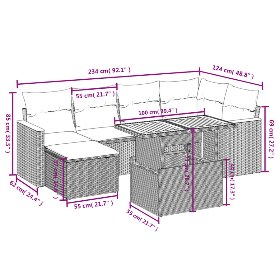 Salon de jardin avec coussins 7 pcs gris résine tressée - 3