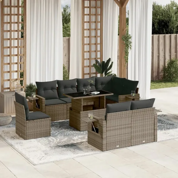 Salon de jardin 9 pcs avec coussins gris résine tressée