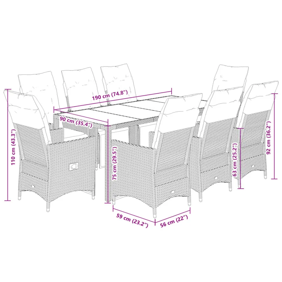 Ensemble de bistro de jardin 9 pcs coussins gris poly rotin - 7