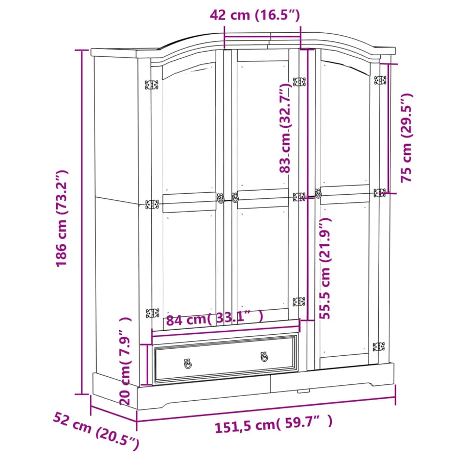 Garde-robe Corona 151,5x52x186 cm bois de pin massif - 9