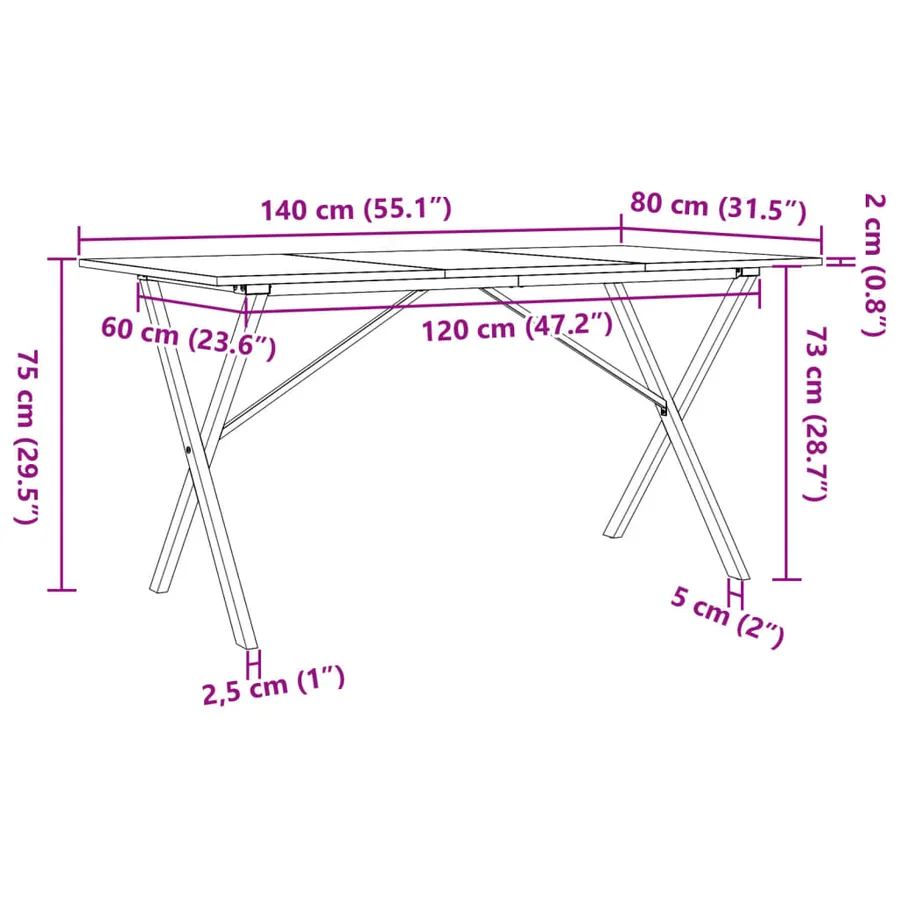 Table à manger cadre en X 140x80x75 cm bois de pin massif acier - 10