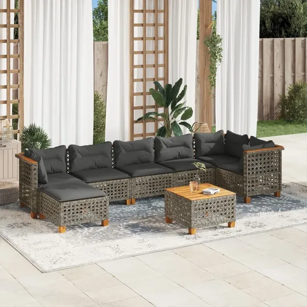 Salon de jardin 8 pcs avec coussins gris résine tressée