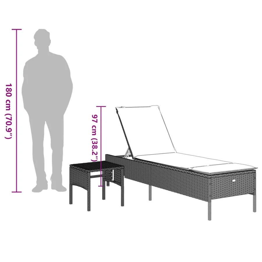 Chaise longue avec table et coussin noir résine tressée - 24