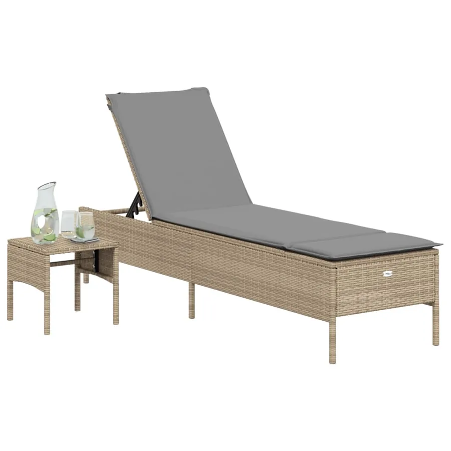 Chaise longue avec table et coussin noir résine tressée - 27