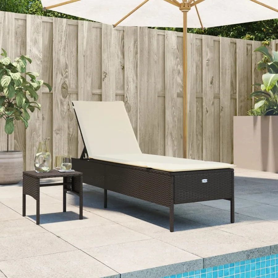 Chaise longue avec table et coussin noir résine tressée - 37