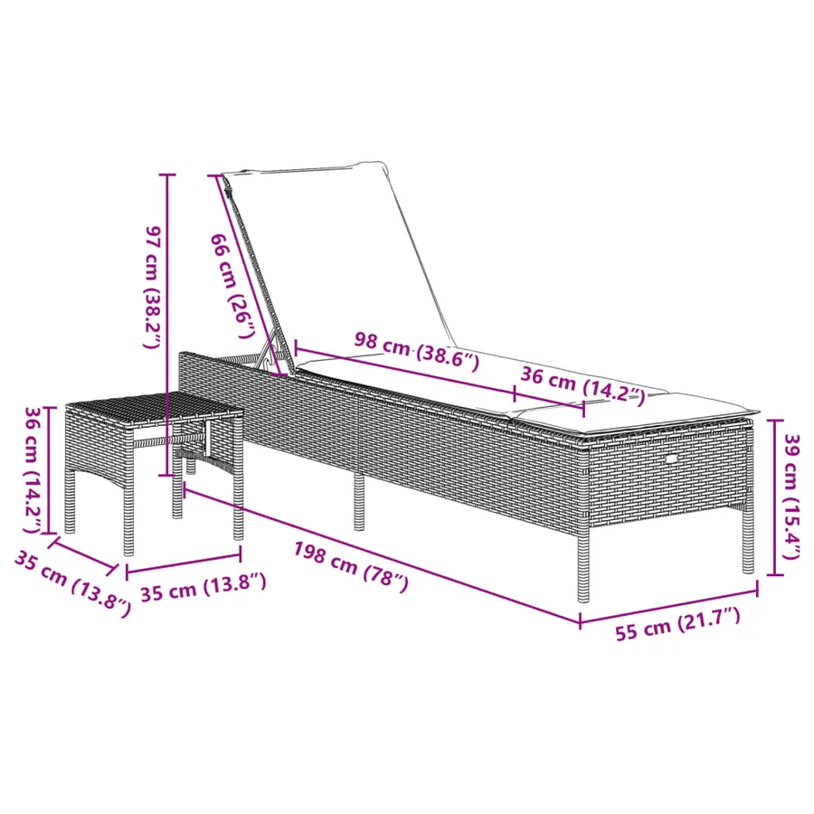 Chaise longue avec table et coussin noir résine tressée - 47
