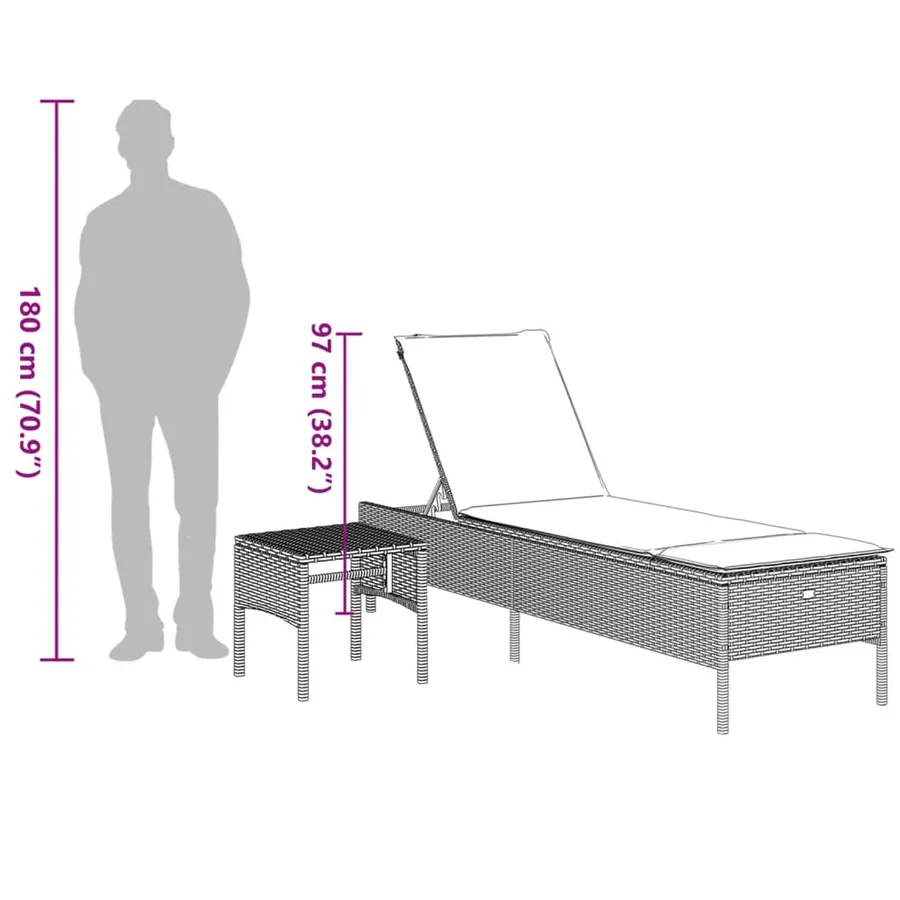 Chaise longue avec table et coussin noir résine tressée - 48