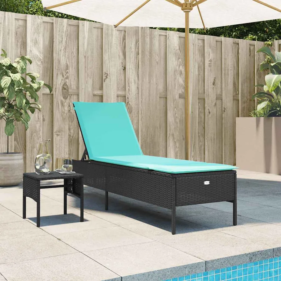 Chaise longue avec table et coussin noir résine tressée - 49