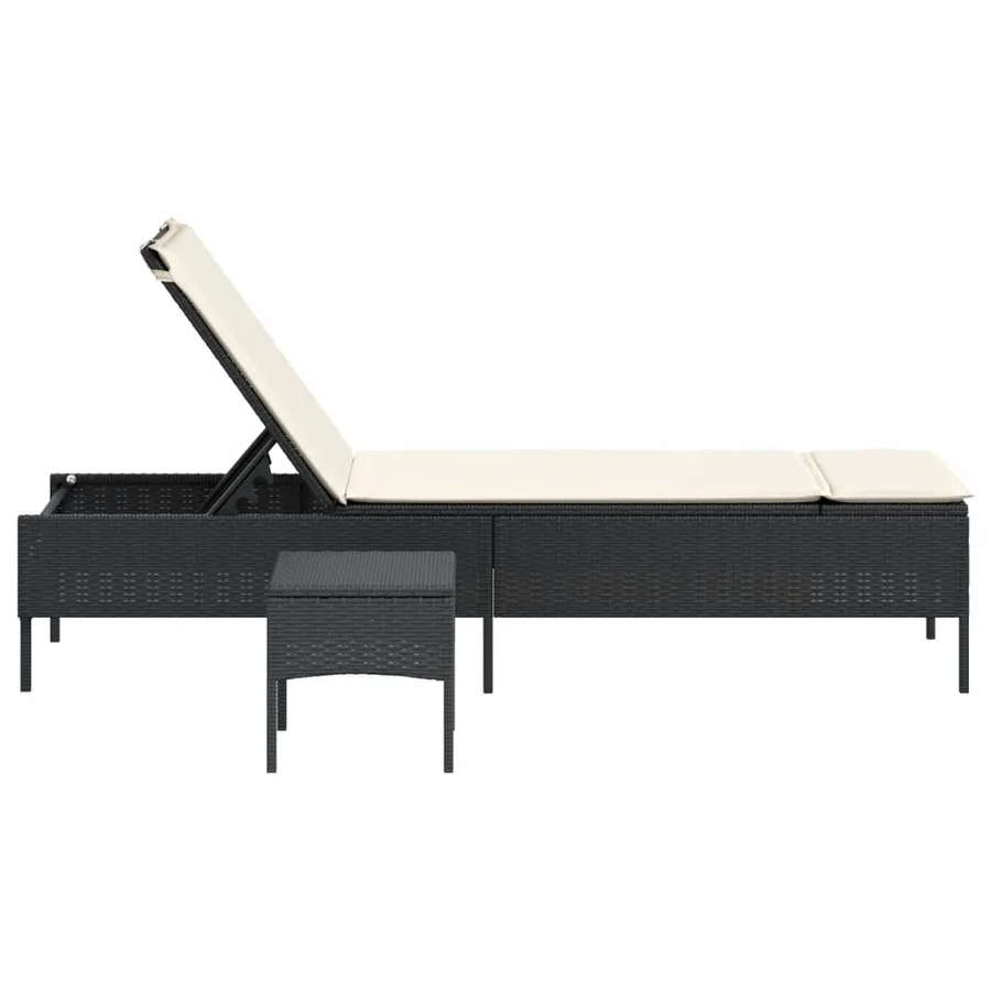 Chaise longue avec table et coussin noir résine tressée - 5