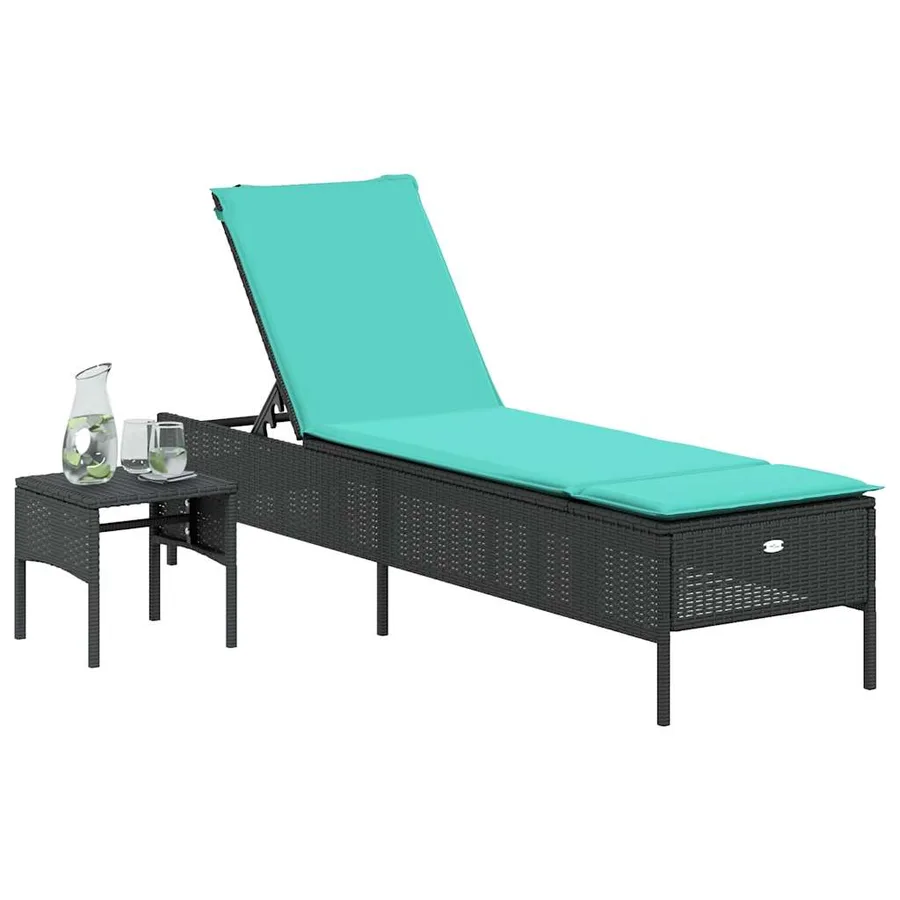 Chaise longue avec table et coussin noir résine tressée - 51