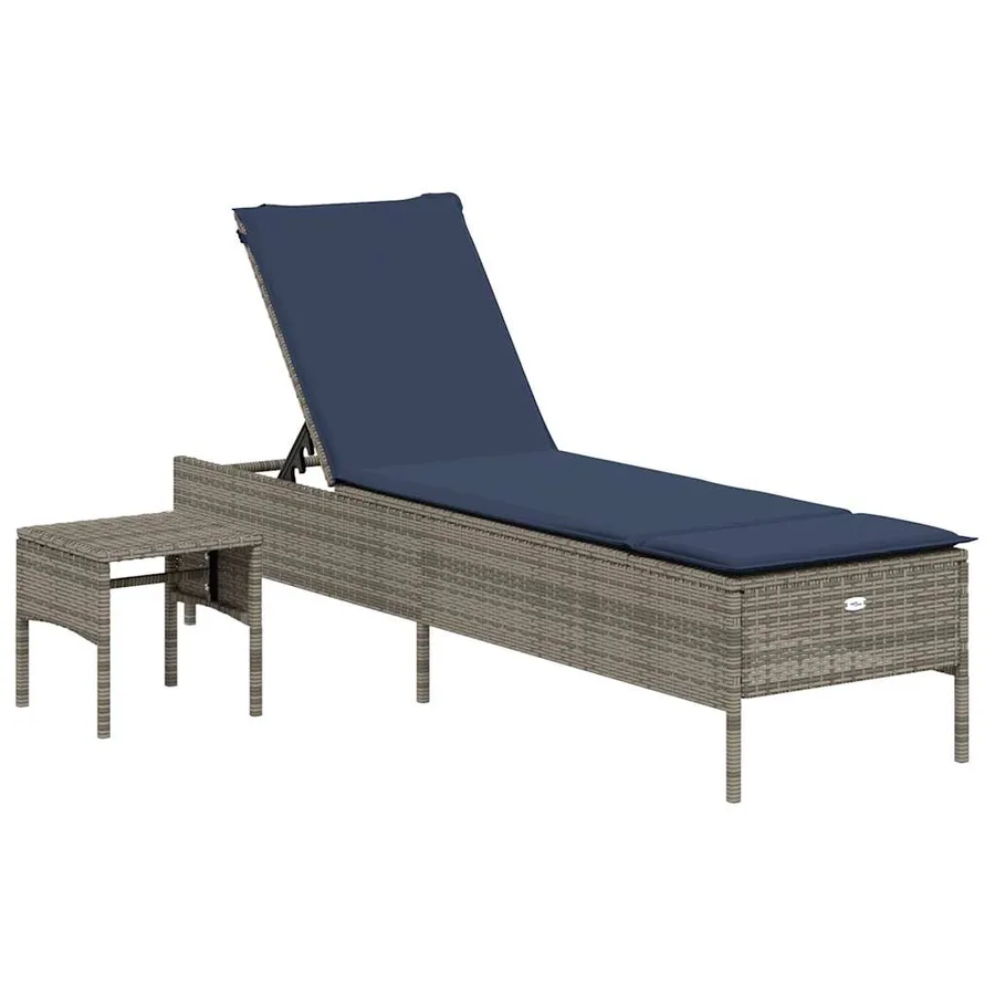 Chaise longue avec table et coussin noir résine tressée - 62