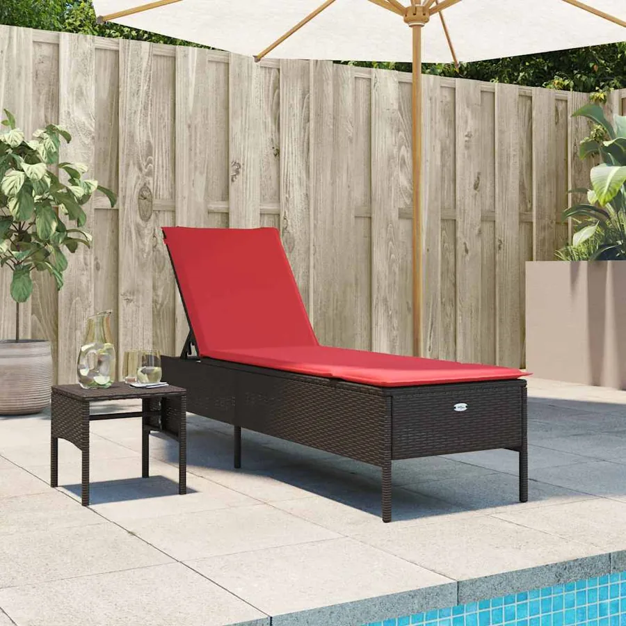 Chaise longue avec table et coussin noir résine tressée - 73
